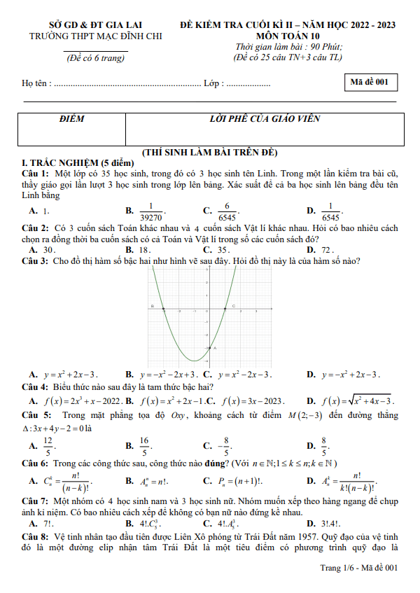 Đề cuối kì 2 Toán 10 năm 2022 2023 trường THPT Mạc Đĩnh Chi Gia Lai