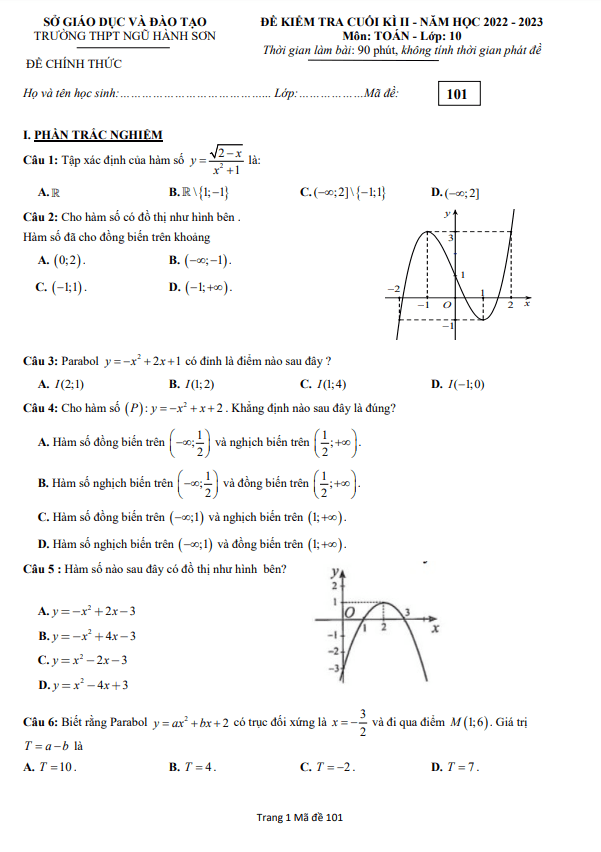 Đề cuối kì 2 Toán 10 năm 2022 2023 trường THPT Ngũ Hành Sơn Đà Nẵng