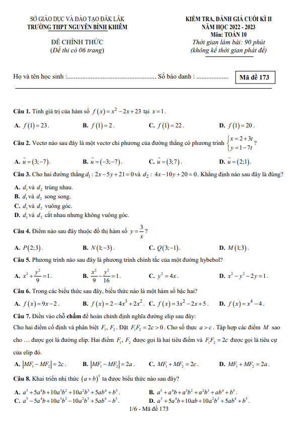 Đề cuối kì 2 Toán 10 năm 2022 2023 trường THPT Nguyễn Bỉnh Khiêm Đắk Lắk