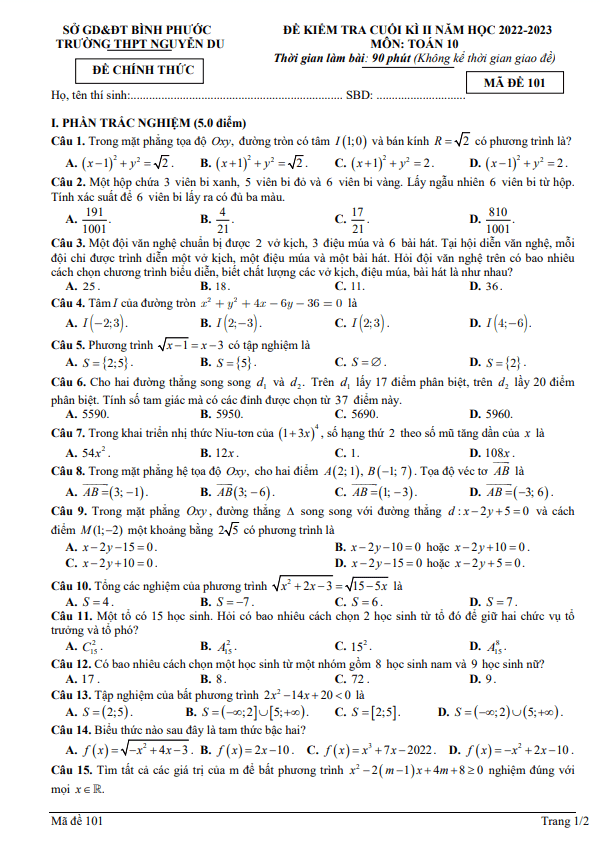 Đề cuối kì 2 Toán 10 năm 2022 2023 trường THPT Nguyễn Du Bình Phước