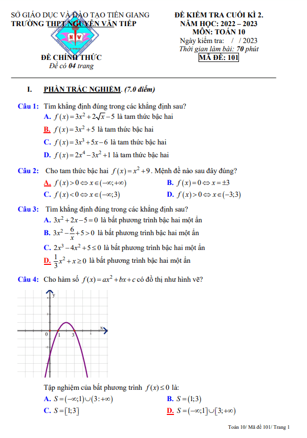 Đề cuối kì 2 Toán 10 năm 2022 2023 trường THPT Nguyễn Văn Tiếp Tiền Giang