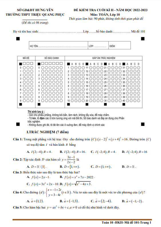 Đề cuối kì 2 Toán 10 năm 2022 2023 trường THPT Triệu Quang Phục Hưng Yên