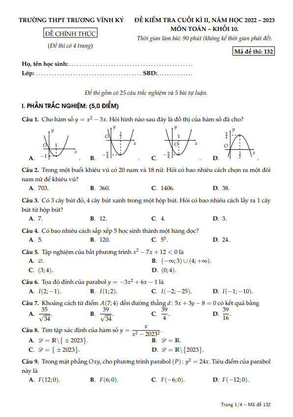 Đề cuối kì 2 Toán 10 năm 2022 2023 trường THPT Trương Vĩnh Ký Bến Tre