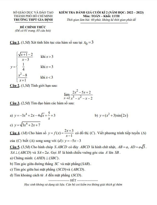 Đề cuối kì 2 Toán 11 năm 2022 2023 trường THPT Gia Định TP HCM