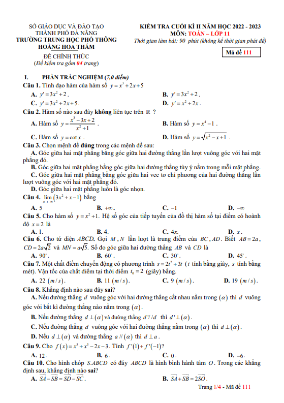 Đề cuối kì 2 Toán 11 năm 2022 2023 trường THPT Hoàng Hoa Thám Đà Nẵng