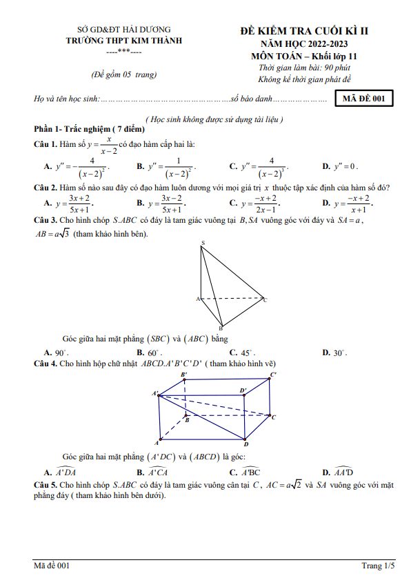 Đề cuối kì 2 Toán 11 năm 2022 2023 trường THPT Kim Thành Hải Dương