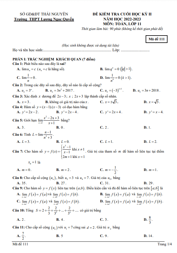 Đề cuối kì 2 Toán 11 năm 2022 2023 trường THPT Lương Ngọc Quyến Thái Nguyên