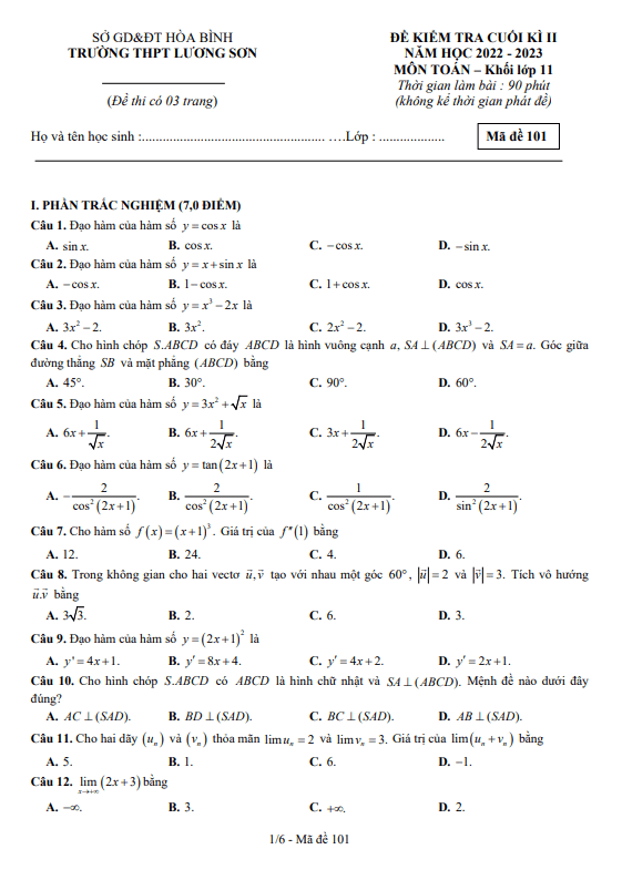 Đề cuối kì 2 Toán 11 năm 2022 2023 trường THPT Lương Sơn Hòa Bình