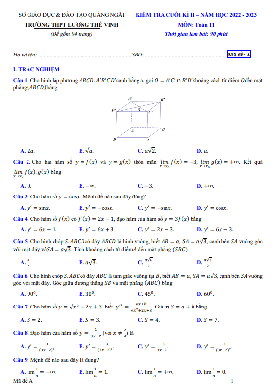 Đề cuối kì 2 Toán 11 năm 2022 2023 trường THPT Lương Thế Vinh Quảng Ngãi