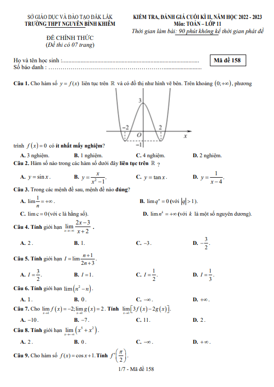Đề cuối kì 2 Toán 11 năm 2022 2023 trường THPT Nguyễn Bỉnh Khiêm Đắk Lắk