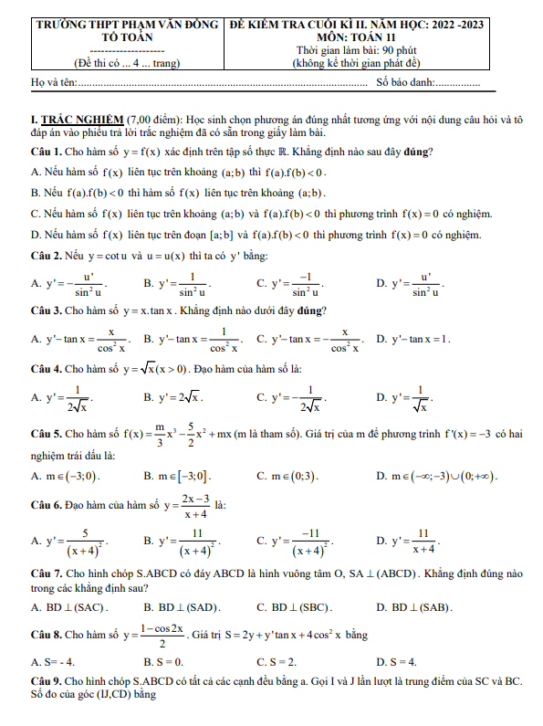 Đề cuối kì 2 Toán 11 năm 2022 2023 trường THPT Phạm Văn Đồng Khánh Hòa