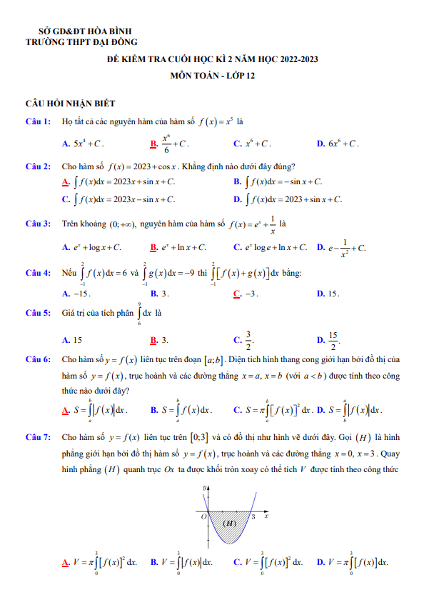 Đề cuối kì 2 Toán 12 năm 2022 2023 trường THPT Đại Đồng Hòa Bình
