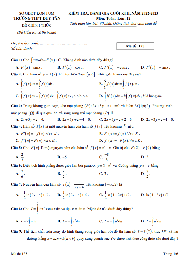Đề cuối kì 2 Toán 12 năm 2022 2023 trường THPT Duy Tân Kon Tum