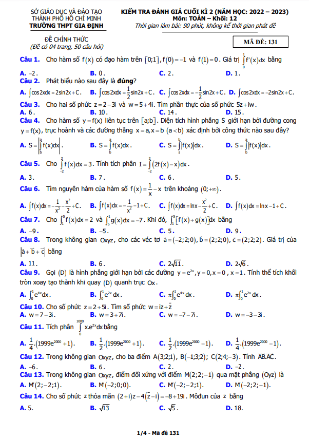 Đề cuối kì 2 Toán 12 năm 2022 2023 trường THPT Gia Định TP HCM