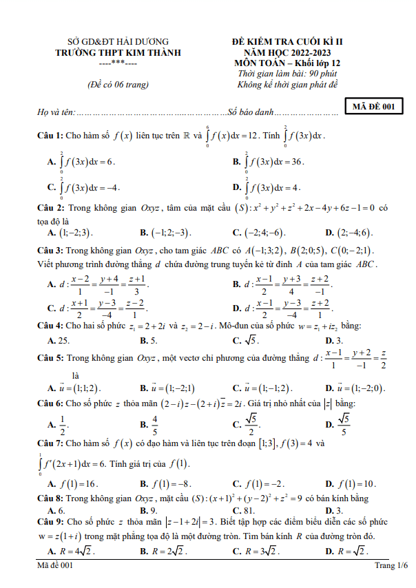 Đề cuối kì 2 Toán 12 năm 2022 2023 trường THPT Kim Thành Hải Dương