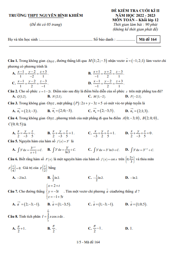 Đề cuối kì 2 Toán 12 năm 2022 2023 trường THPT Nguyễn Bỉnh Khiêm Đắk Lắk