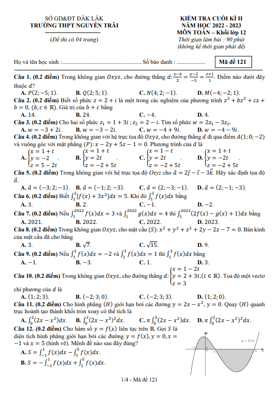 Đề cuối kì 2 Toán 12 năm 2022 2023 trường THPT Nguyễn Trãi Đắk Lắk