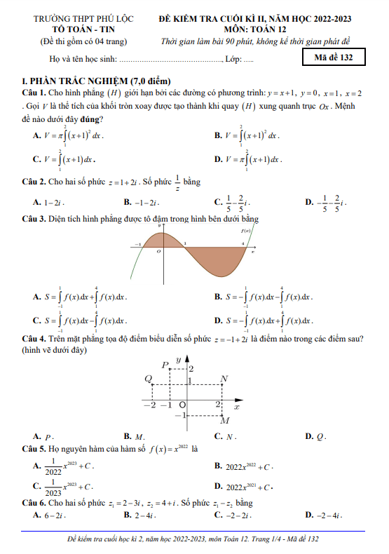 Đề cuối kì 2 Toán 12 năm 2022 2023 trường THPT Phú Lộc TT Huế