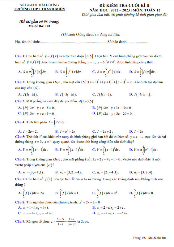 Đề cuối kì 2 Toán 12 năm 2022 2023 trường THPT Thanh Miện Hải Dương