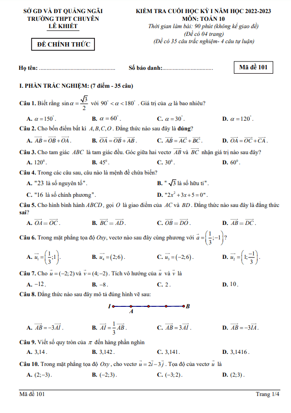 Đề cuối kỳ 1 Toán 10 năm 2022 2023 trường chuyên Lê Khiết Quảng Ngãi