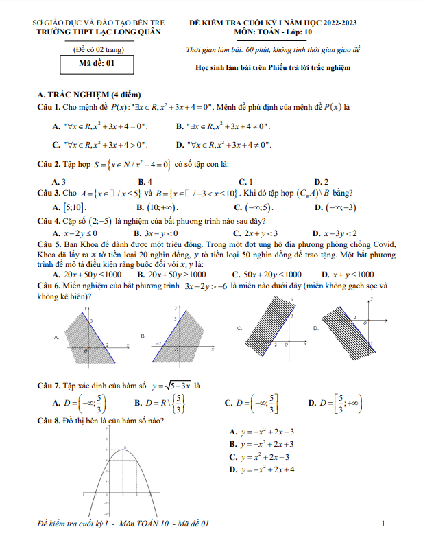 Đề cuối kỳ 1 Toán 10 năm 2022 2023 trường Lạc Long Quân Bến Tre