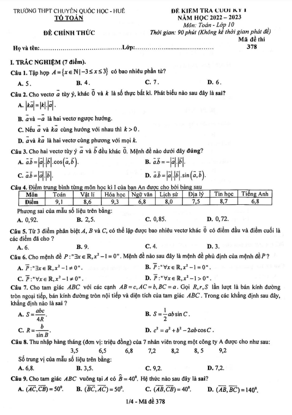 Đề cuối kỳ 1 Toán 10 năm 2022 2023 trường THPT chuyên Quốc học Huế
