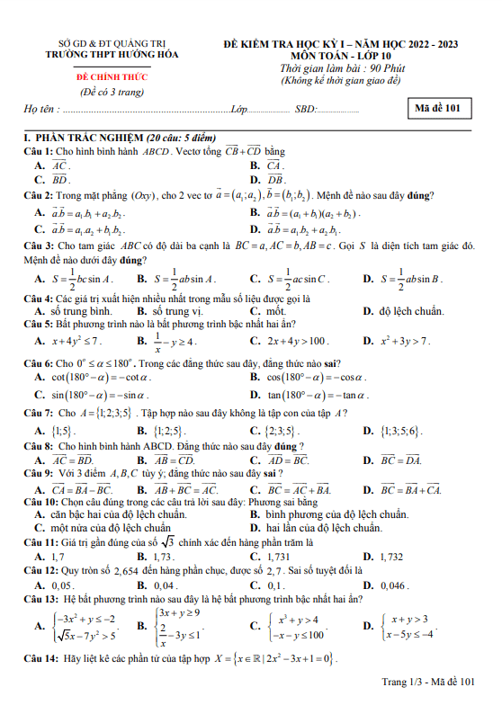 Đề cuối kỳ 1 Toán 10 năm 2022 2023 trường THPT Hướng Hóa Quảng Trị