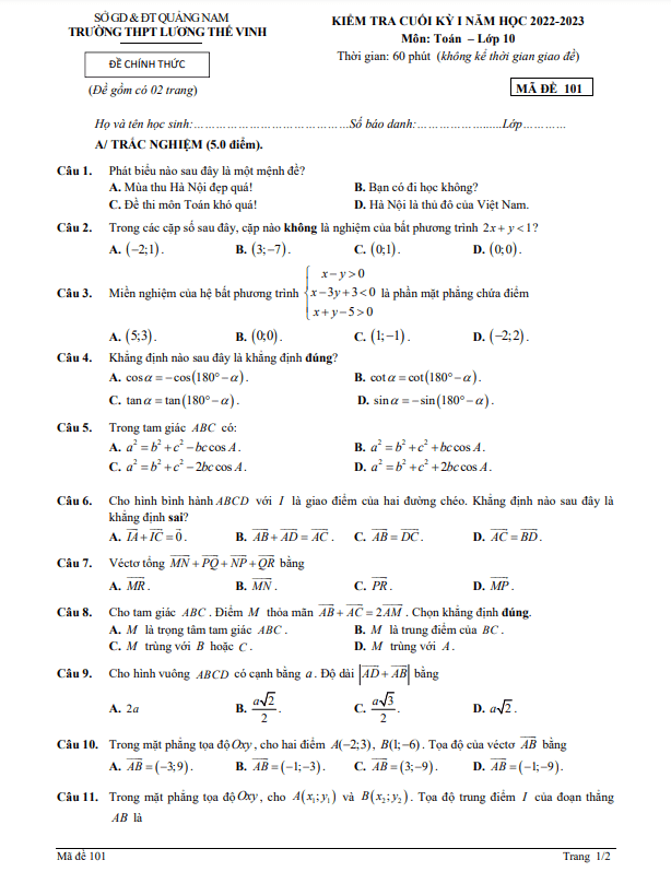 Đề cuối kỳ 1 Toán 10 năm 2022 2023 trường THPT Lương Thế Vinh Quảng Nam