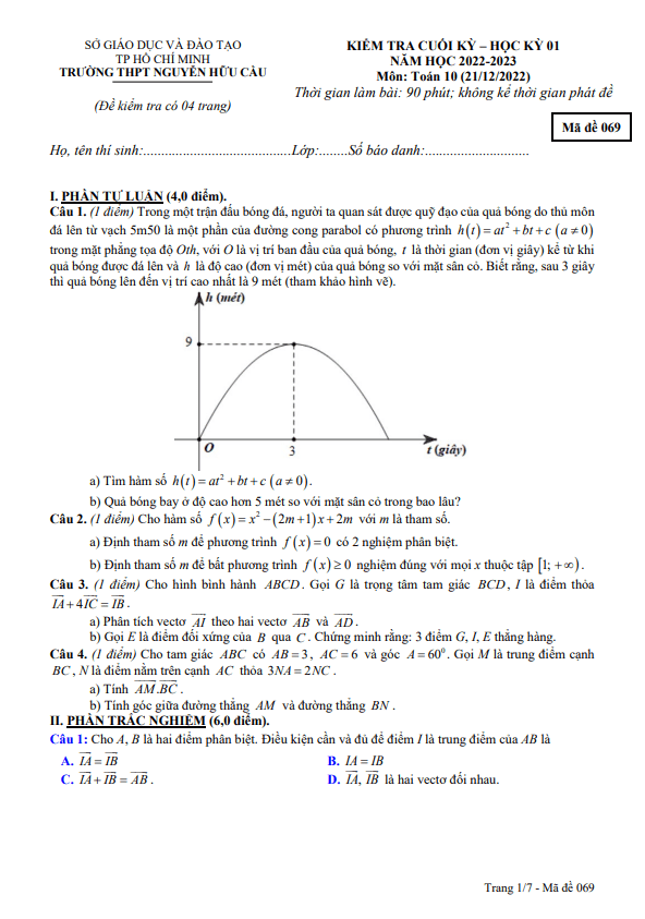 Đề cuối kỳ 1 Toán 10 năm 2022 2023 trường THPT Nguyễn Hữu Cầu TP HCM