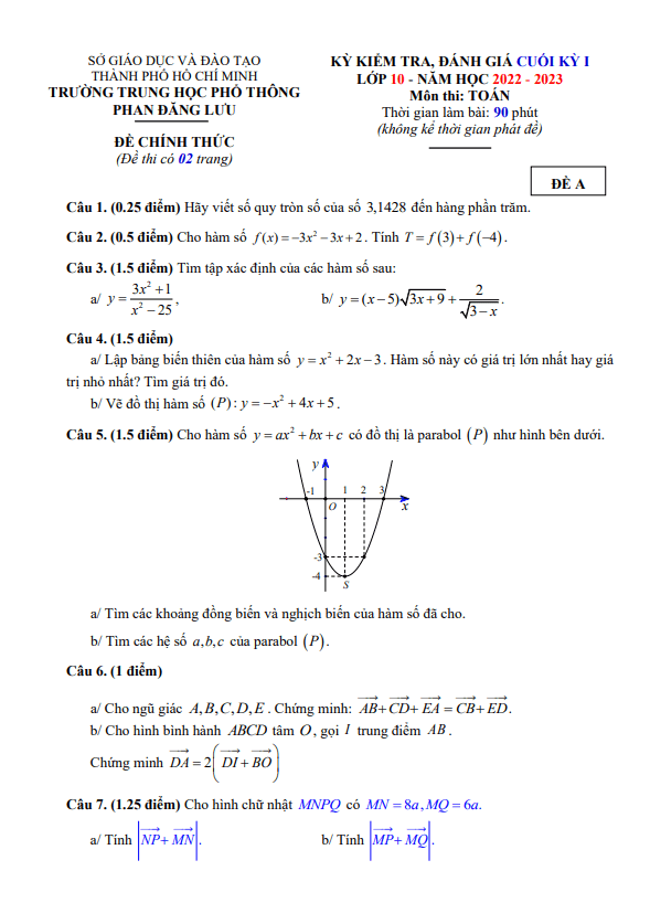 Đề cuối kỳ 1 Toán 10 năm 2022 2023 trường THPT Phan Đăng Lưu TP HCM