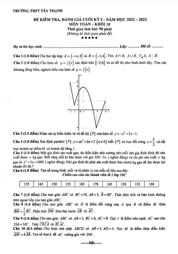 Đề cuối kỳ 1 Toán 10 năm 2022 2023 trường THPT Tây Thạnh TP HCM