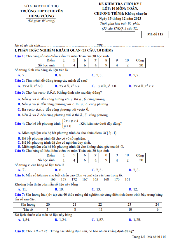 Đề cuối kỳ 1 Toán 10 năm 2023 2024 trường THPT chuyên Hùng Vương Phú Thọ
