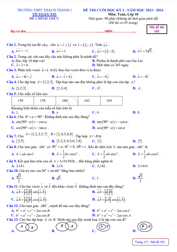 Đề cuối kỳ 1 Toán 10 năm 2023 2024 trường THPT Thạch Thành 1 Thanh Hóa