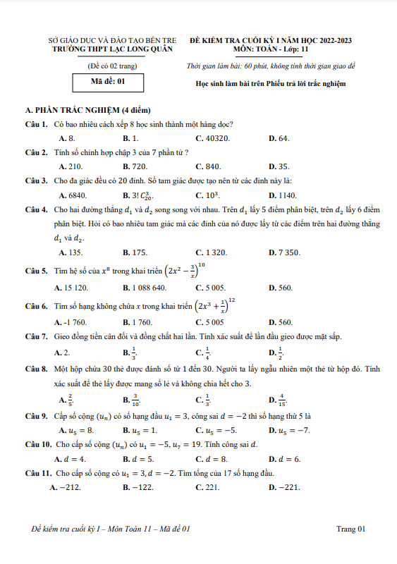 Đề cuối kỳ 1 Toán 11 năm 2022 2023 trường Lạc Long Quân Bến Tre