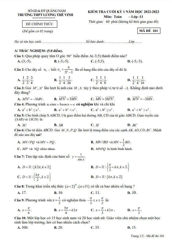 Đề cuối kỳ 1 Toán 11 năm 2022 2023 trường THPT Lương Thế Vinh Quảng Nam