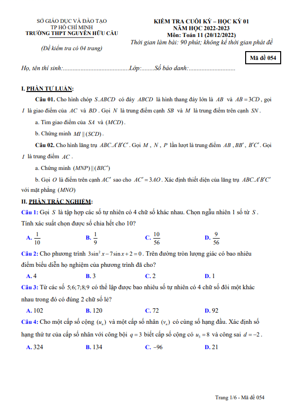 Đề cuối kỳ 1 Toán 11 năm 2022 2023 trường THPT Nguyễn Hữu Cầu TP HCM