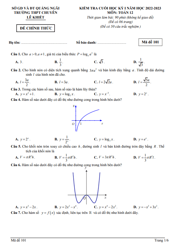 Đề cuối kỳ 1 Toán 12 năm 2022 2023 trường chuyên Lê Khiết Quảng Ngãi