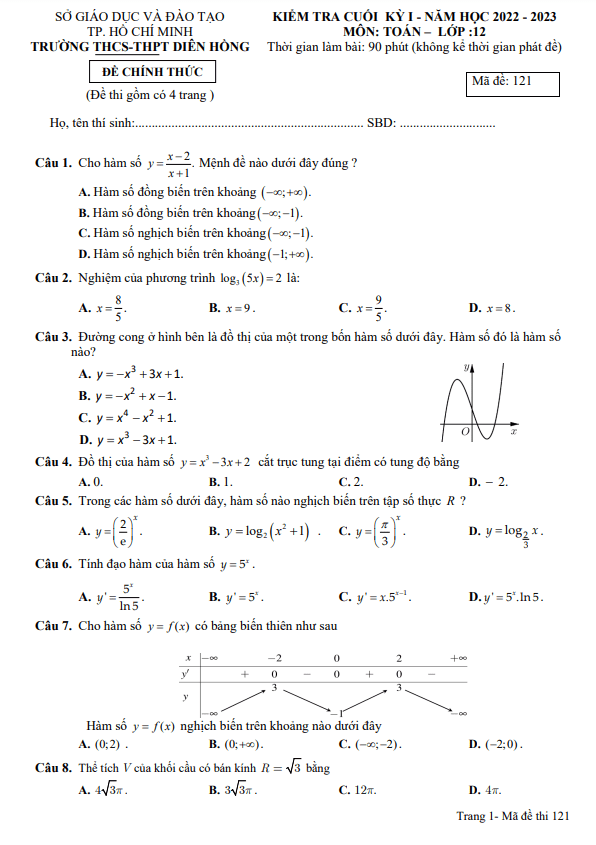 Đề cuối kỳ 1 Toán 12 năm 2022 2023 trường THCS THPT Diên Hồng TP HCM