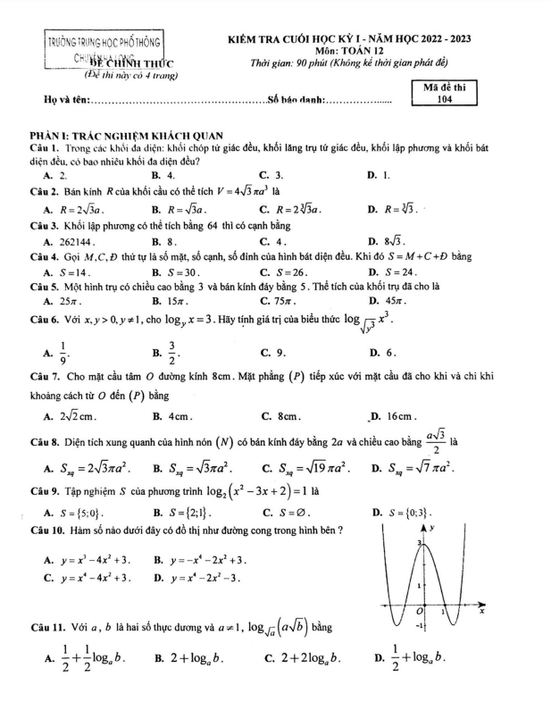 Đề cuối kỳ 1 Toán 12 năm 2022 2023 trường THPT chuyên Hạ Long Quảng Ninh