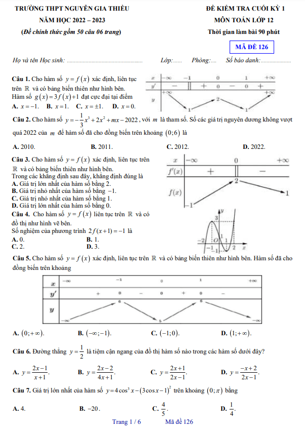 Đề cuối kỳ 1 Toán 12 năm 2022 2023 trường THPT Nguyễn Gia Thiều Hà Nội