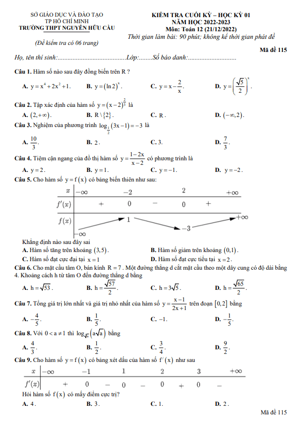 Đề cuối kỳ 1 Toán 12 năm 2022 2023 trường THPT Nguyễn Hữu Cầu TP HCM