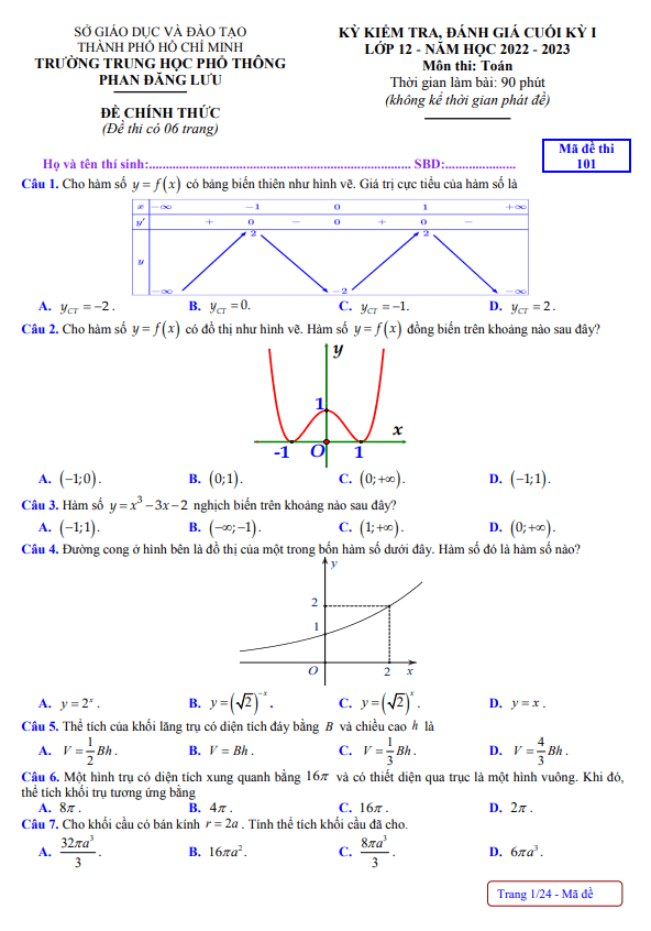 Đề cuối kỳ 1 Toán 12 năm 2022 2023 trường THPT Phan Đăng Lưu TP HCM