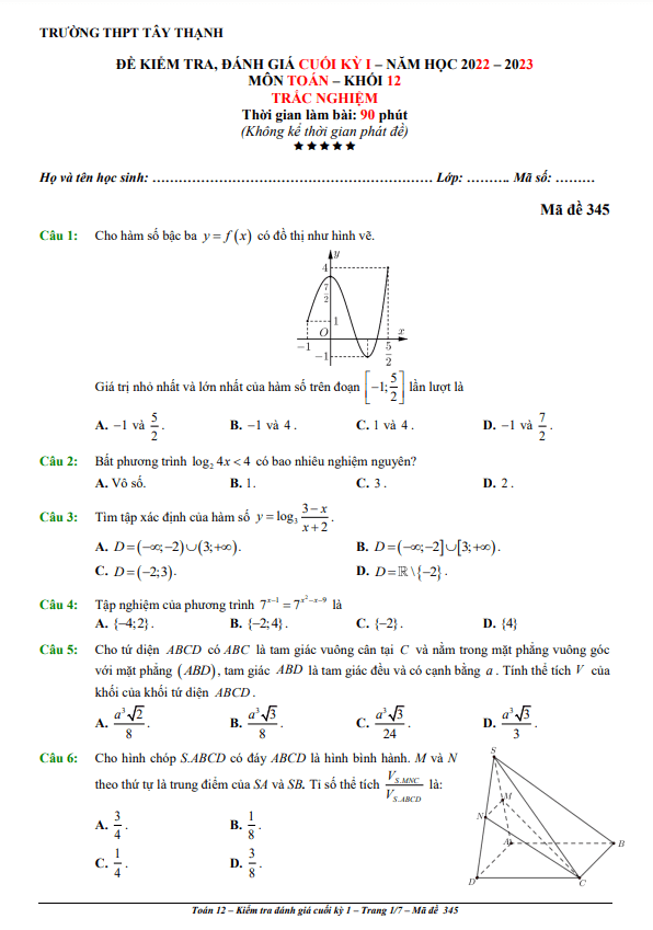 Đề cuối kỳ 1 Toán 12 năm 2022 2023 trường THPT Tây Thạnh TP HCM
