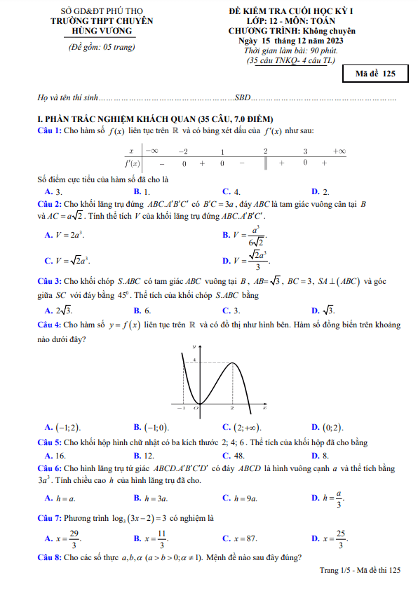 Đề cuối kỳ 1 Toán 12 năm 2023 2024 trường THPT chuyên Hùng Vương Phú Thọ