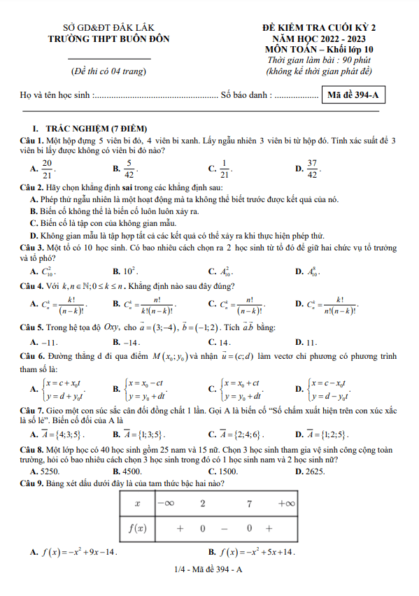 Đề cuối kỳ 2 Toán 10 năm 2022 2023 trường THPT Buôn Đôn Đắk Lắk