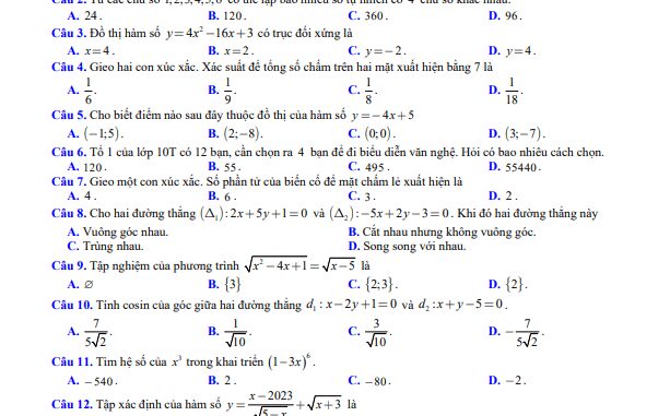 Đề cuối kỳ 2 Toán 10 năm 2022 2023 trường THPT Hà Huy Tập Nghệ An