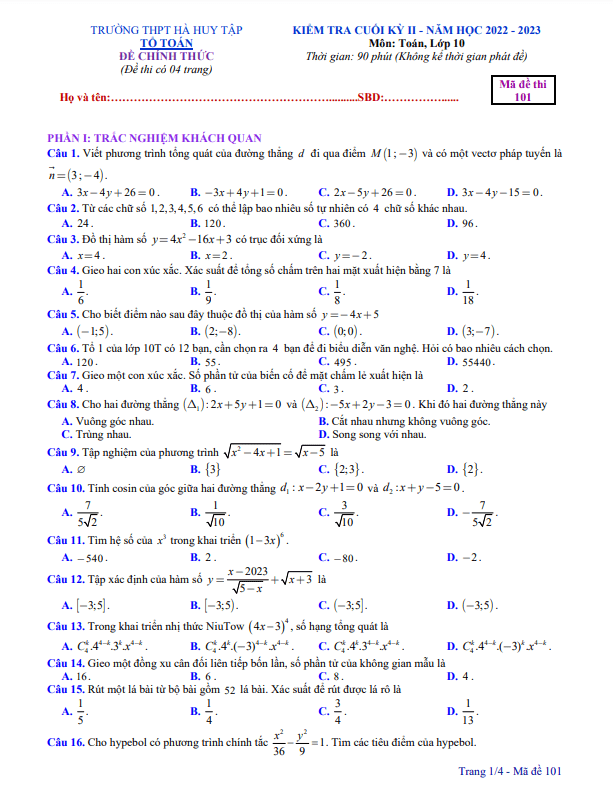 Đề cuối kỳ 2 Toán 10 năm 2022 2023 trường THPT Hà Huy Tập Nghệ An