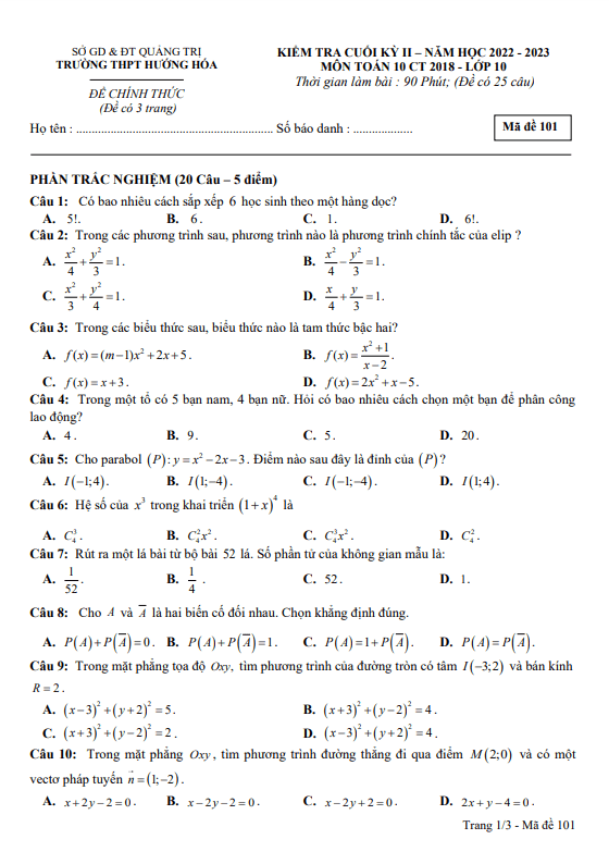 Đề cuối kỳ 2 Toán 10 năm 2022 2023 trường THPT Hướng Hóa Quảng Trị