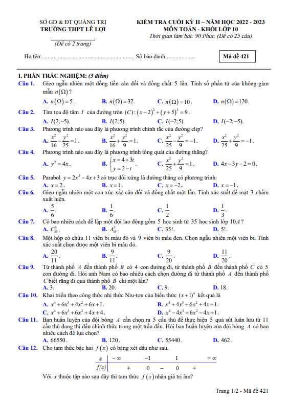 Đề cuối kỳ 2 Toán 10 năm 2022 2023 trường THPT Lê Lợi Quảng Trị