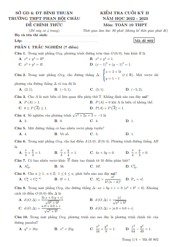 Đề cuối kỳ 2 Toán 10 năm 2022 2023 trường THPT Phan Bội Châu Bình Thuận